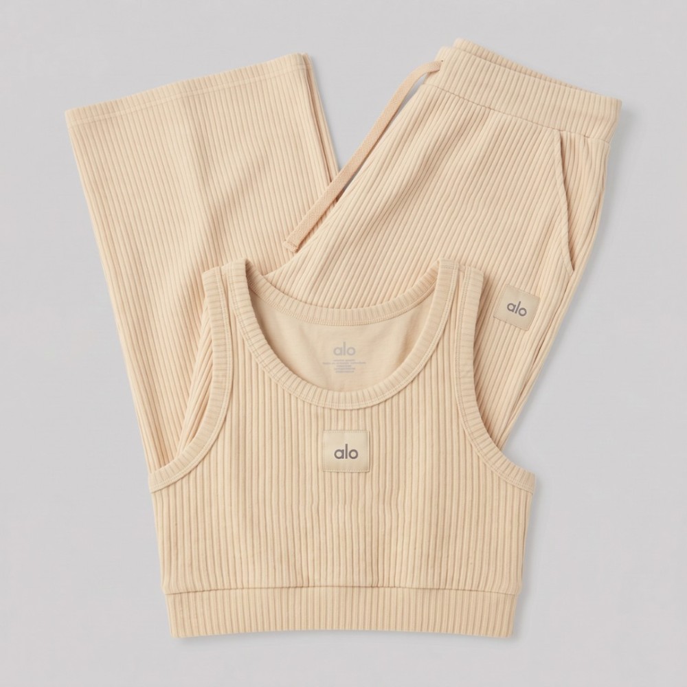 Ribbed Cropped Tank Top & Wide-Leg Drawstring Pants Two-Piece Set