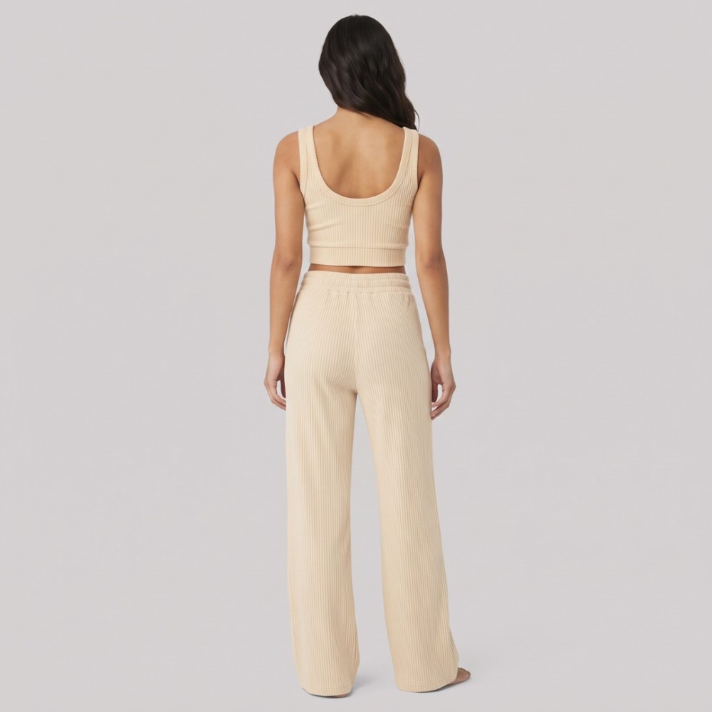 Ribbed Cropped Tank Top & Wide-Leg Drawstring Pants Two-Piece Set