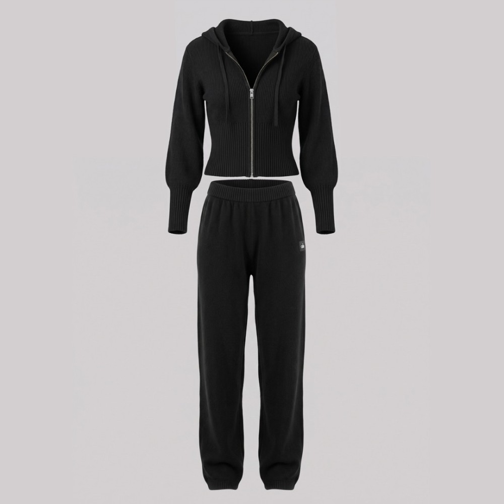Ribbed Knit Cropped Zip Hoodie & Relaxed Joggers Set Black Ribbed Knit Cropped Zip Hoodie & Relaxed Joggers Set Black