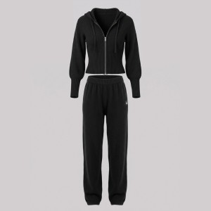 Ribbed Knit Cropped Zip Hoodie & Relaxed Joggers Set Black