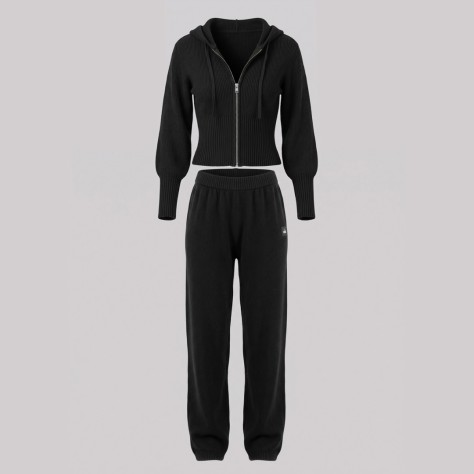 Ribbed Knit Cropped Zip Hoodie & Relaxed Joggers Set Black
