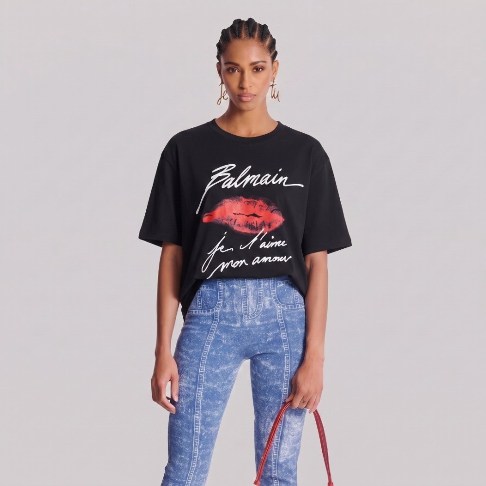 Women Kiss-Print Short-Sleeve T-Shirt Black