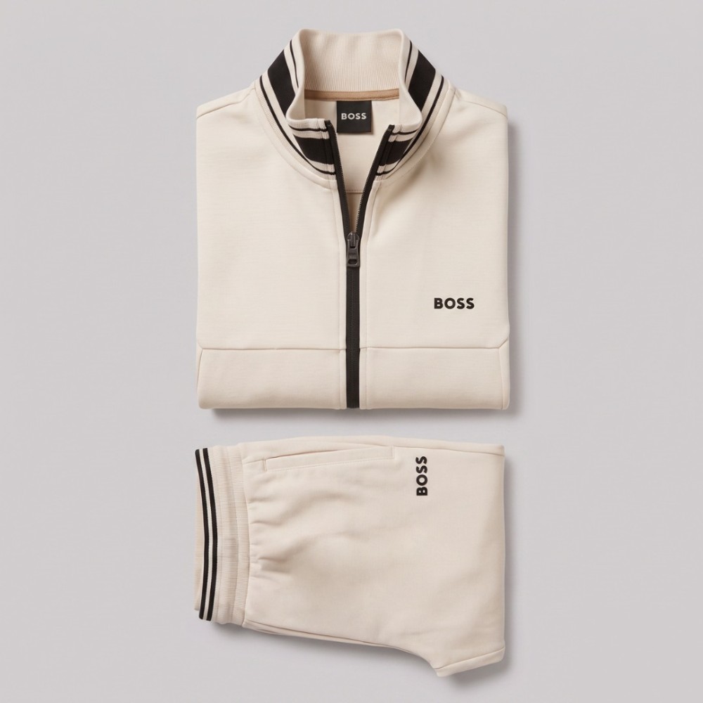 BOSS Sandwich Printed Logo Tracksuit in Beige
