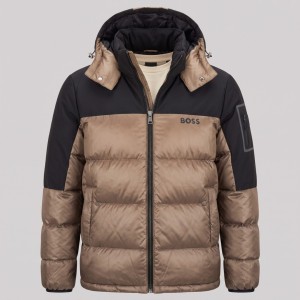 Urban Contrast Two-Tone Hooded Puffer Jacket Beige