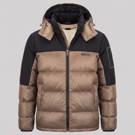 Urban Contrast Two-Tone Hooded Puffer Jacket Beige