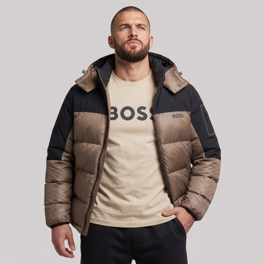 Urban Contrast Two-Tone Hooded Puffer Jacket Beige Urban Contrast Two-Tone Hooded Puffer Jacket Beige