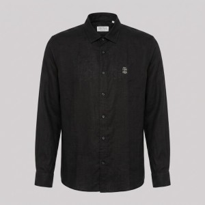 Black Linen Button-Down Shirt