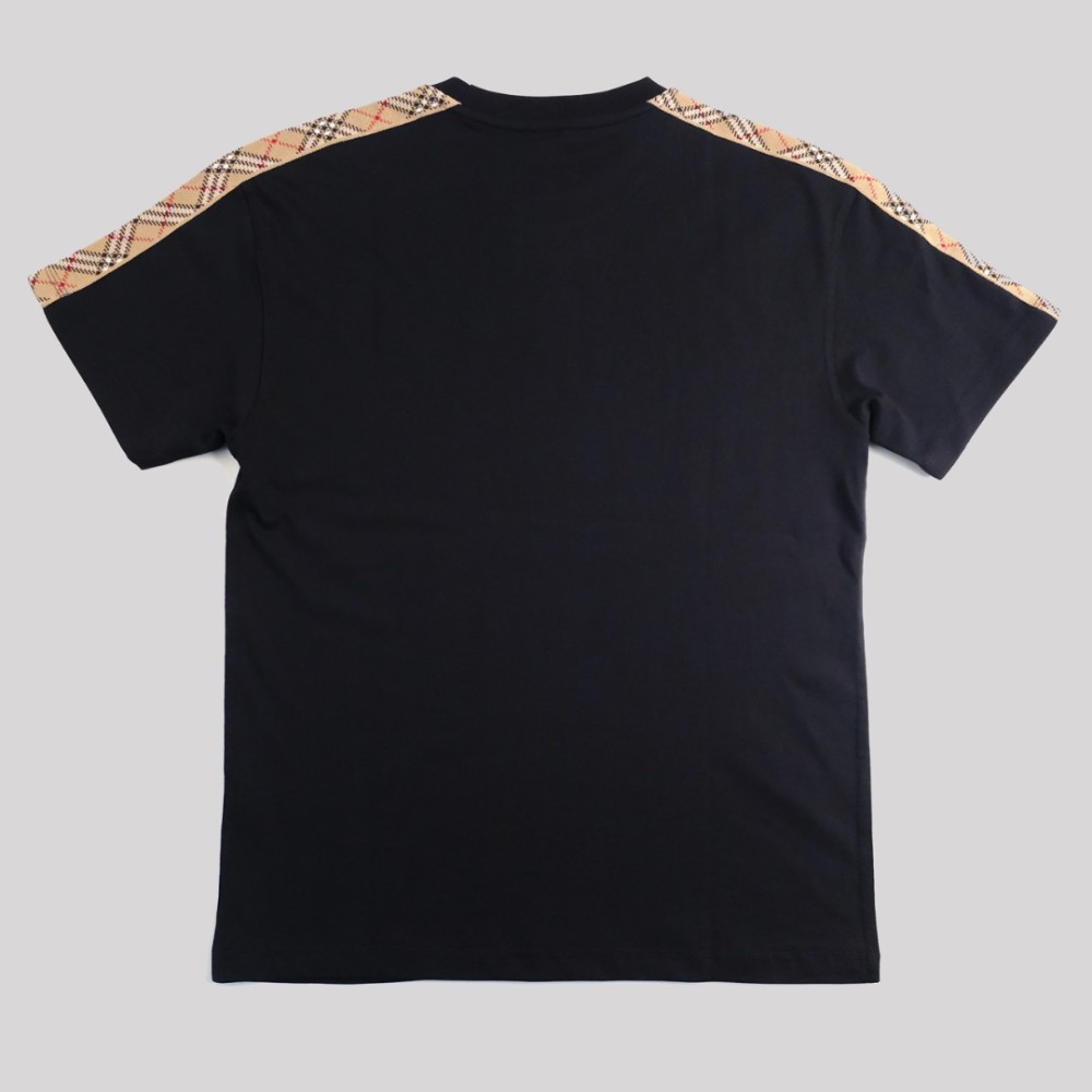 Check Trim Cotton T-Shirt Sleeves Black