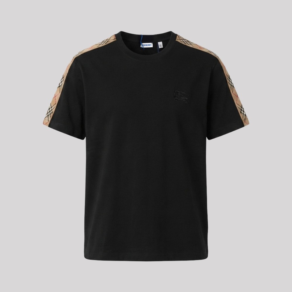 Check Trim Cotton T-Shirt Sleeves Black