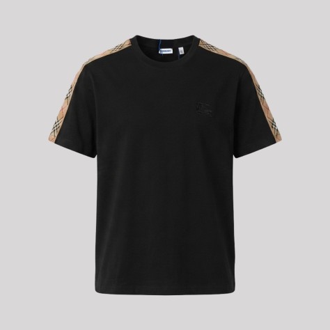 Check Trim Cotton T-Shirt Sleeves Black