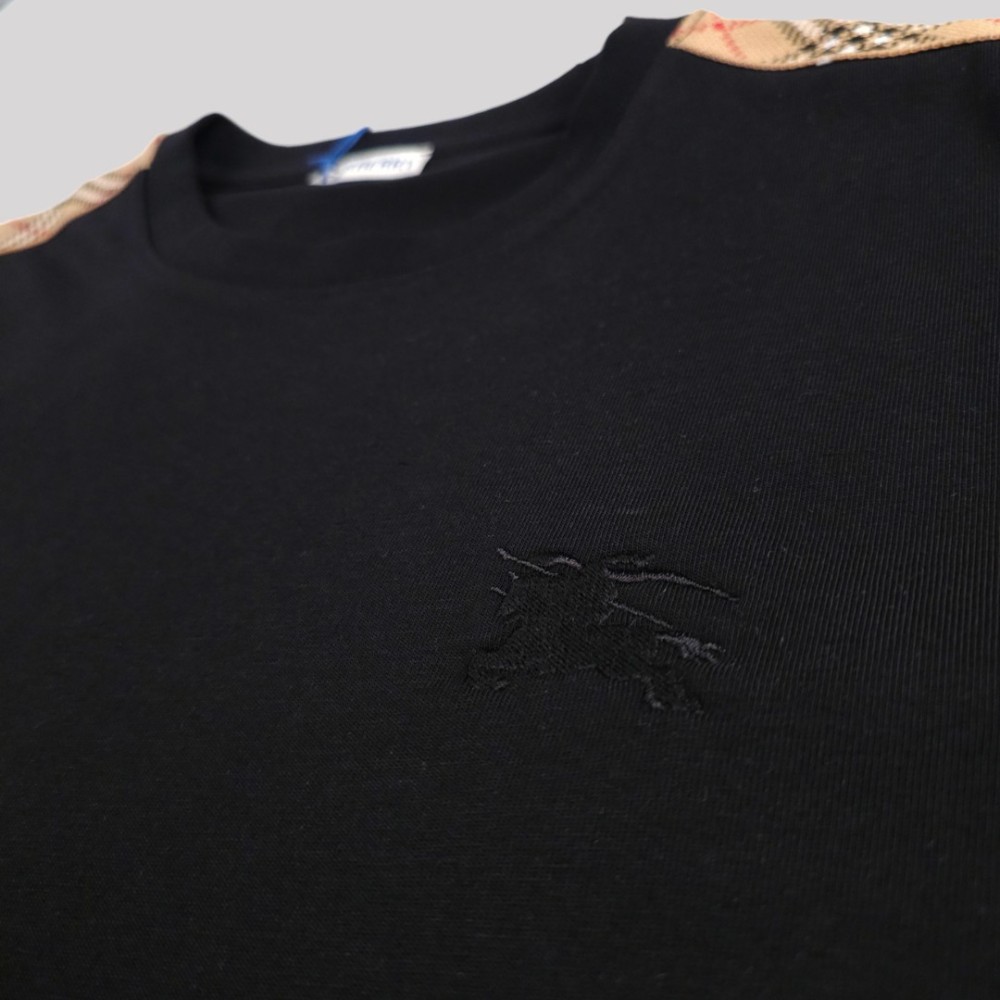 Check Trim Cotton T-Shirt Sleeves Black