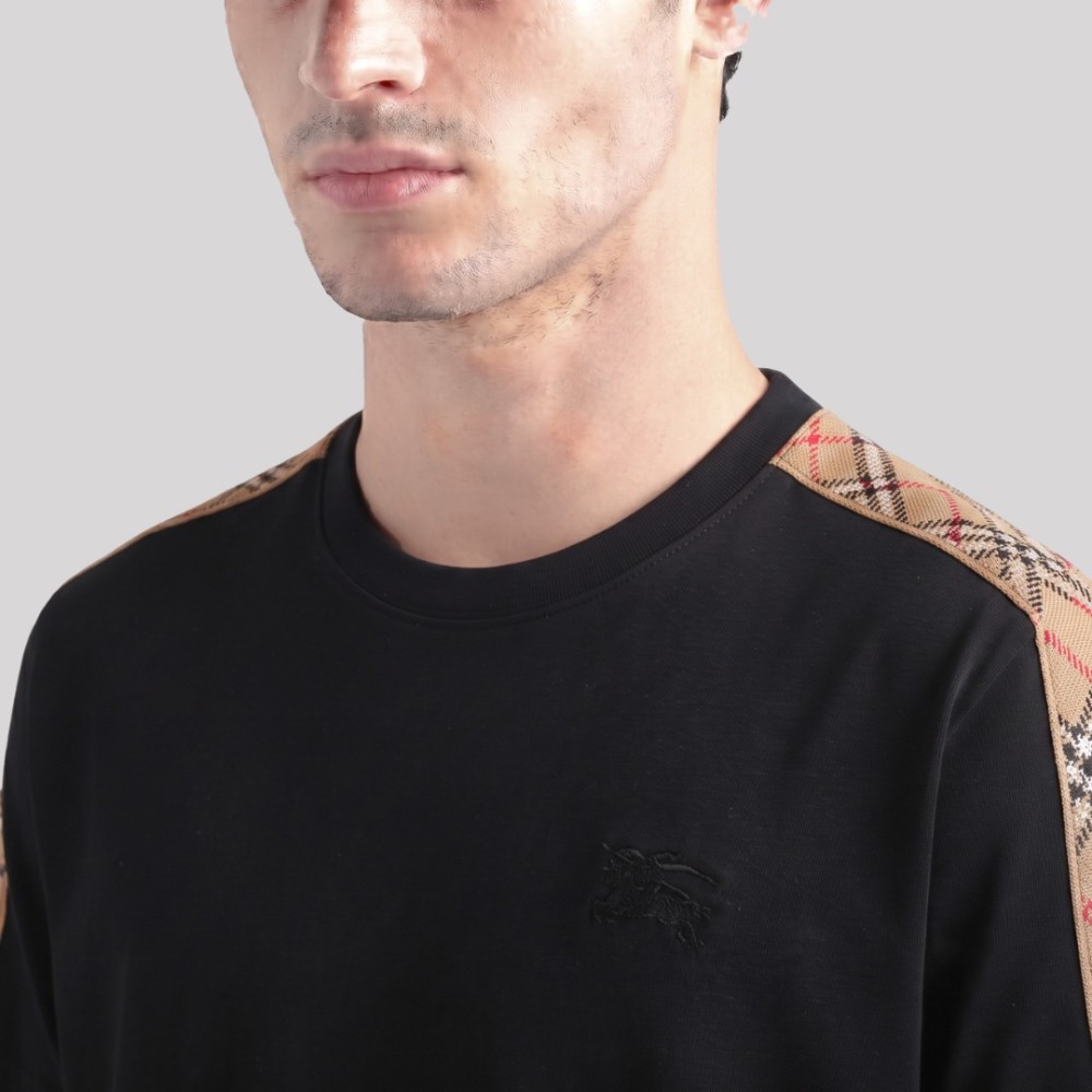 Check Trim Cotton T-Shirt Sleeves Black
