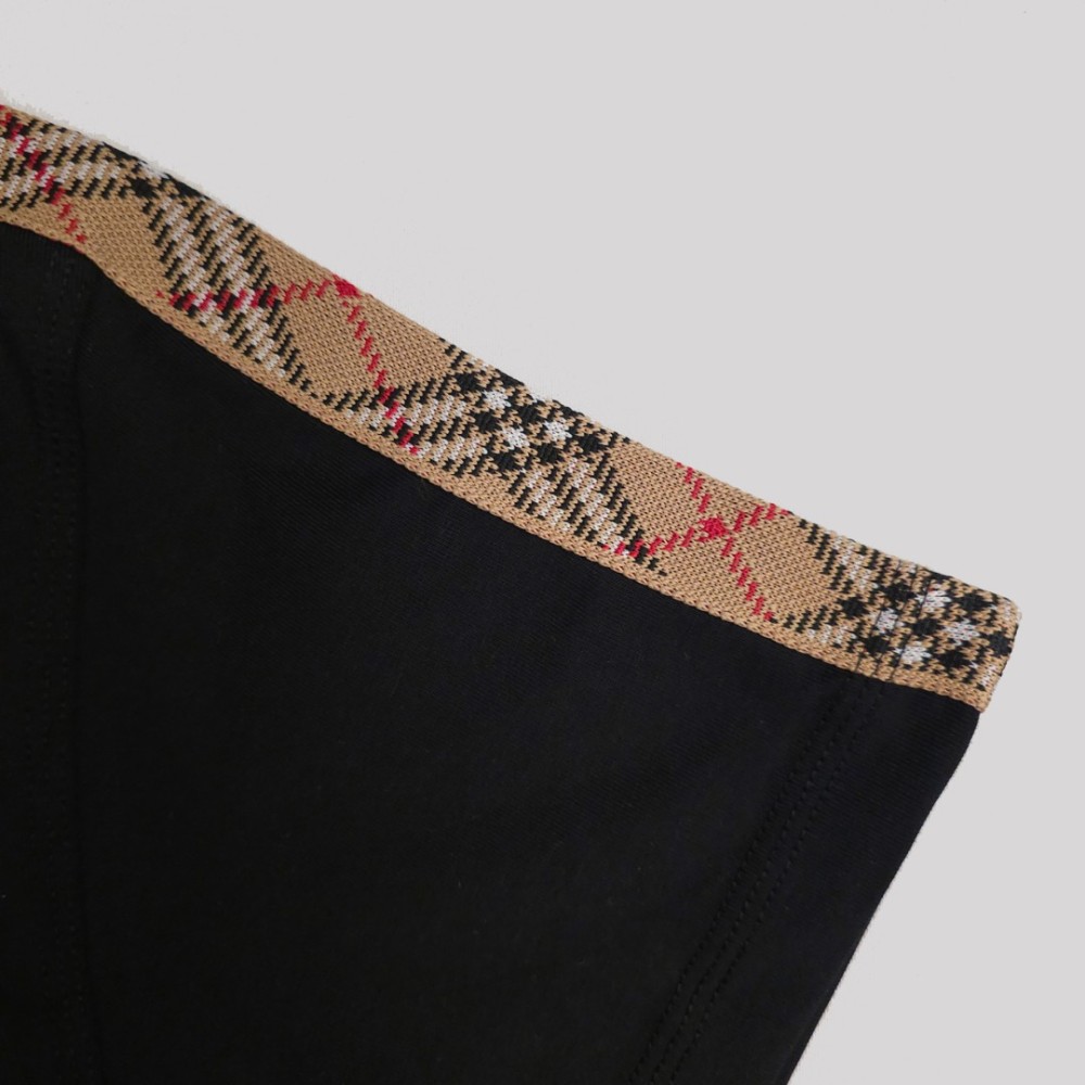 Check Trim Cotton T-Shirt Sleeves Black