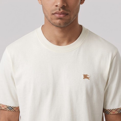 Check Trim Cotton T-Shirt White