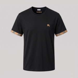 Check Trim Cotton T-Shirt Black