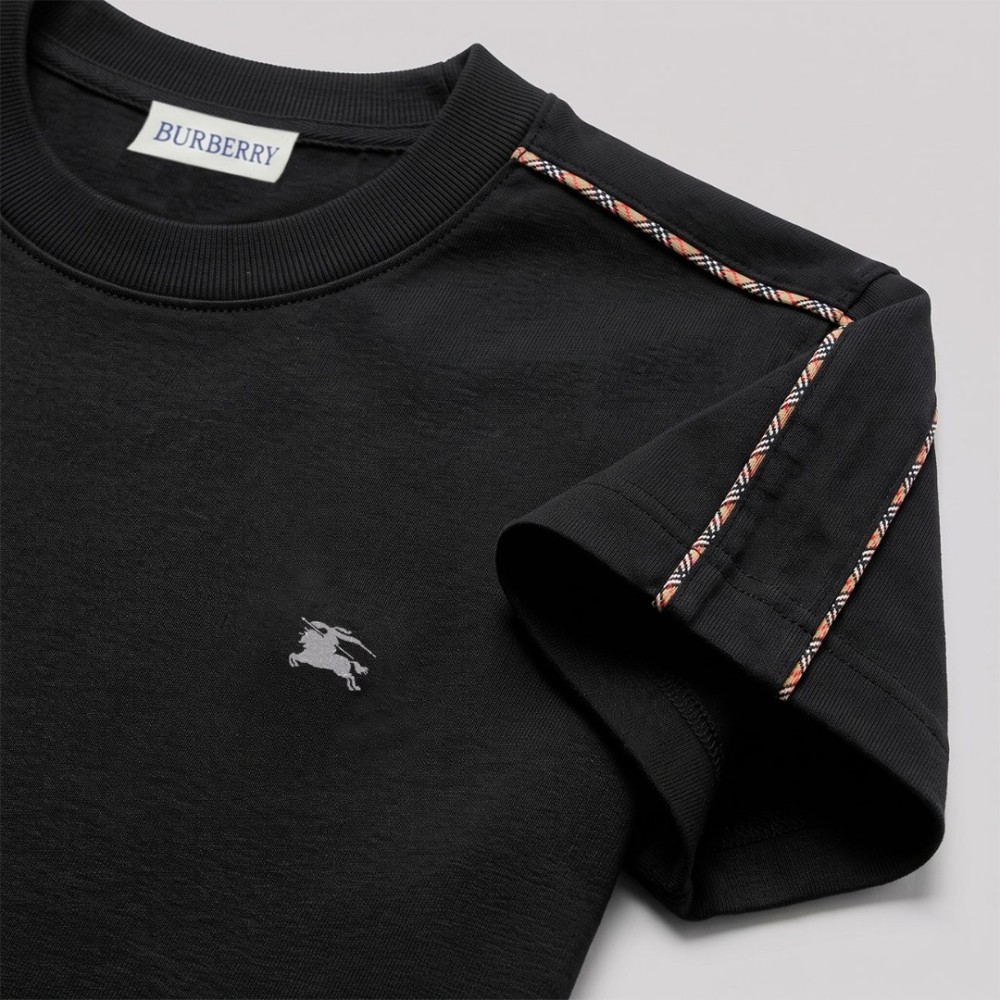 Check Piping Cotton T-Shirt Black