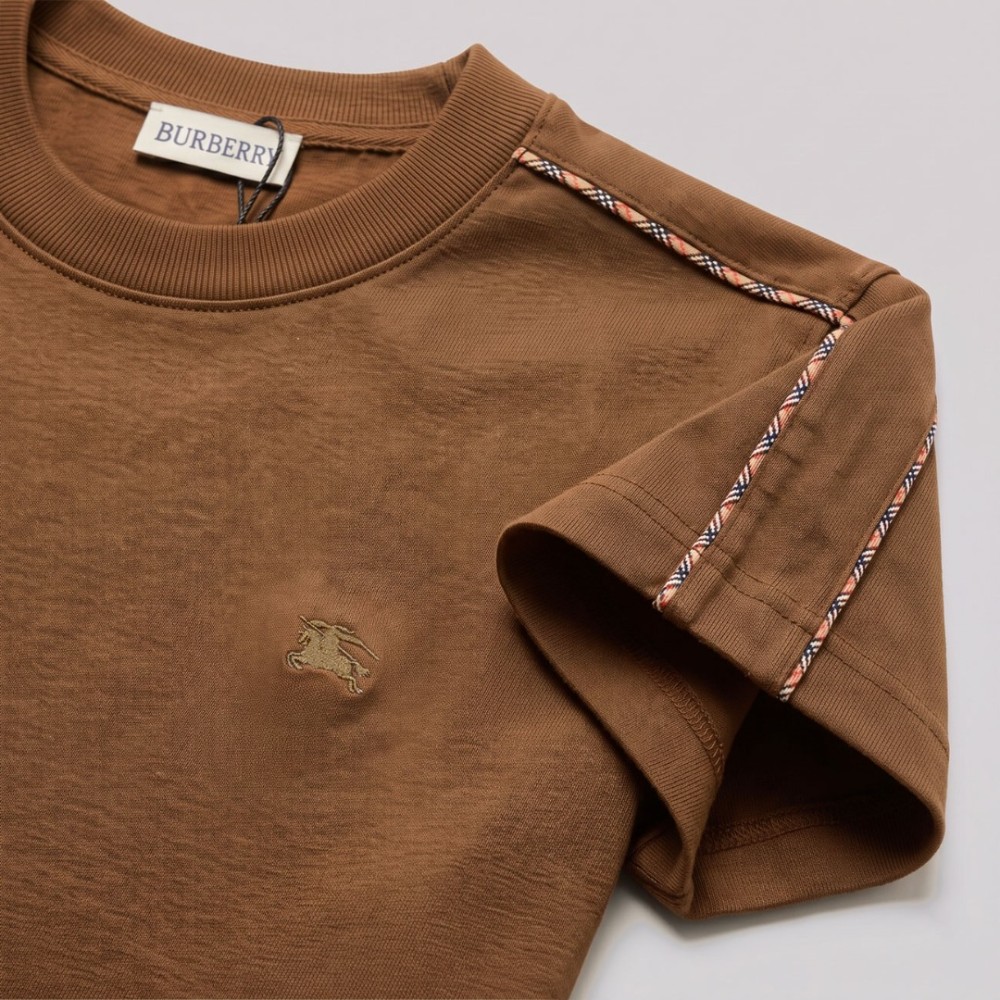 Check Piping Cotton T-Shirt Caramel