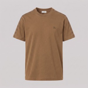 Check Piping Cotton T-Shirt Caramel