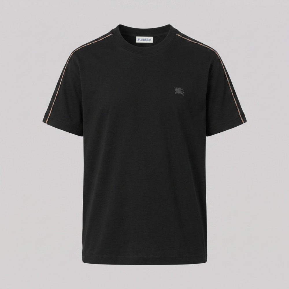 Check Piping Cotton T-Shirt Black