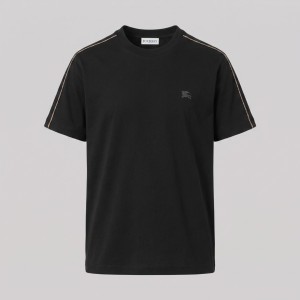 Check Piping Cotton T-Shirt Black