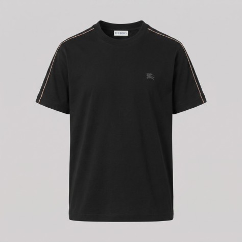 Check Piping Cotton T-Shirt Black
