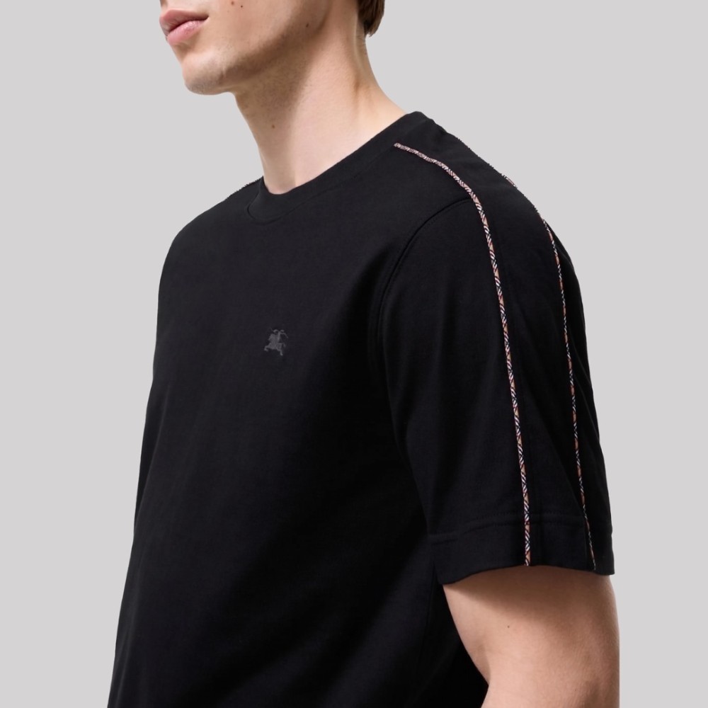 Check Piping Cotton T-Shirt Black