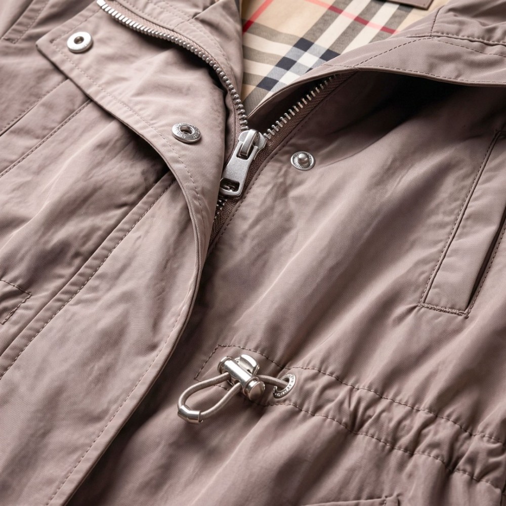 Vintage Check Hooded Drawstring Parka Jacket Taupe