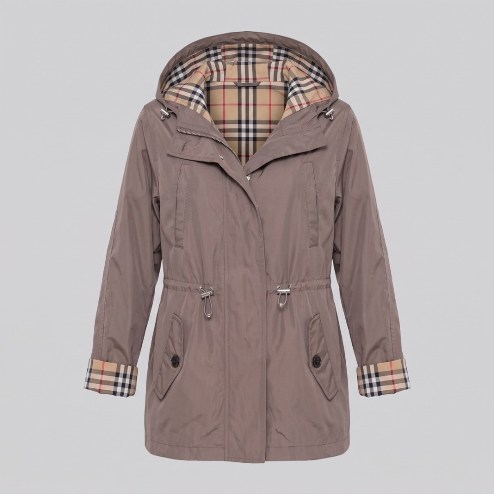 Vintage Check Hooded Drawstring Parka Jacket Taupe