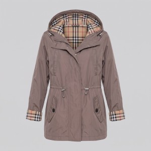 Vintage Check Hooded Drawstring Parka Jacket Taupe