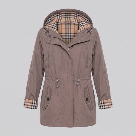 Vintage Check Hooded Drawstring Parka Jacket Taupe