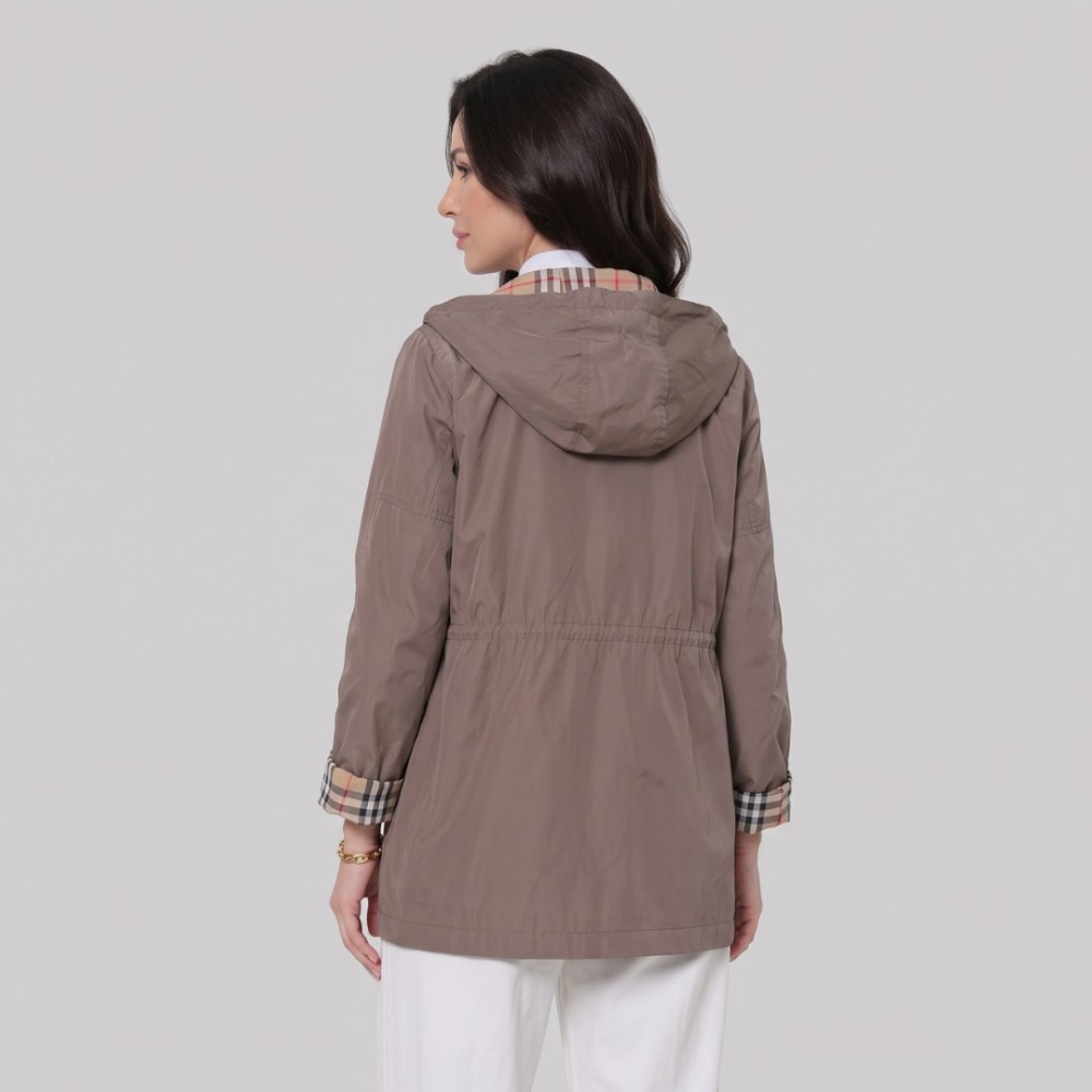 Vintage Check Hooded Drawstring Parka Jacket Taupe