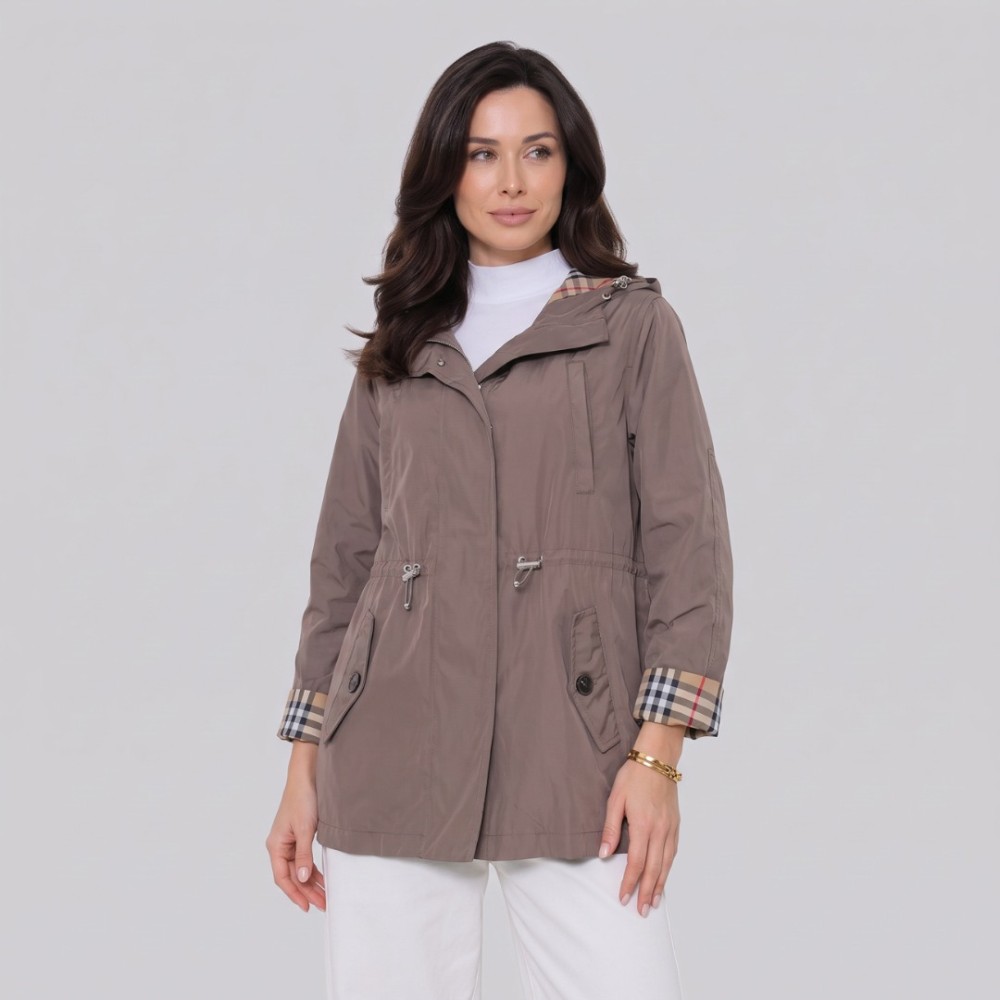 Vintage Check Hooded Drawstring Parka Jacket Taupe