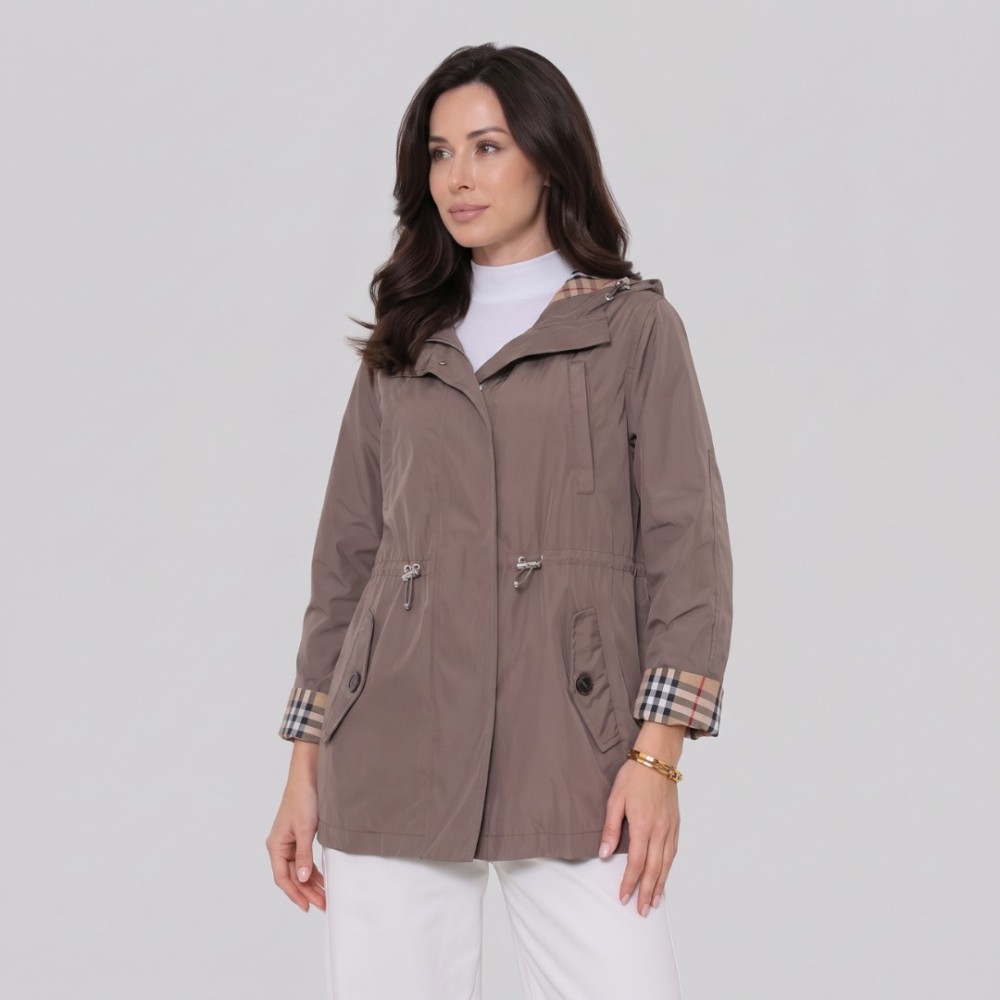 Vintage Check Hooded Drawstring Parka Jacket Taupe
