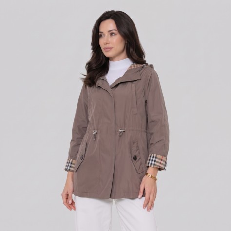 Vintage Check Hooded Drawstring Parka Jacket Taupe