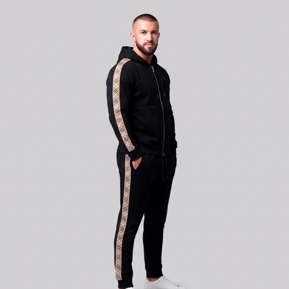 Vintage Check Panel Tracksuit Black Two-Piece Designer Tracksuit