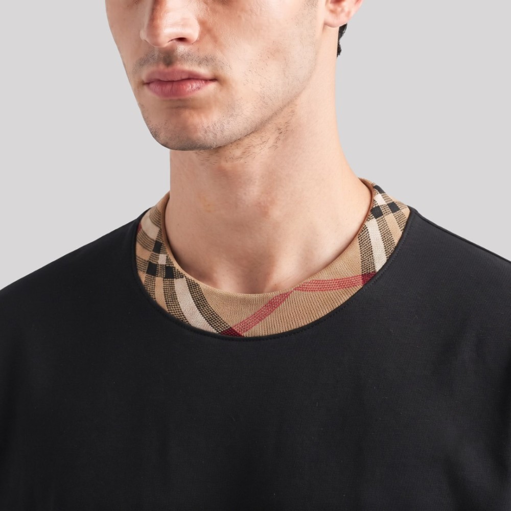 Checked-Trim Cotton T-Shirt Black Checked-Trim Cotton T-Shirt Black