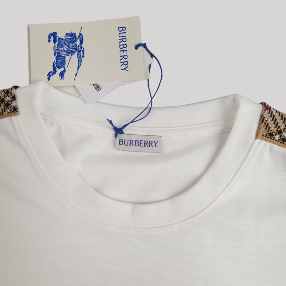 Check Trim Cotton T-Shirt Sleeves White Check Trim Cotton T-Shirt Sleeves White