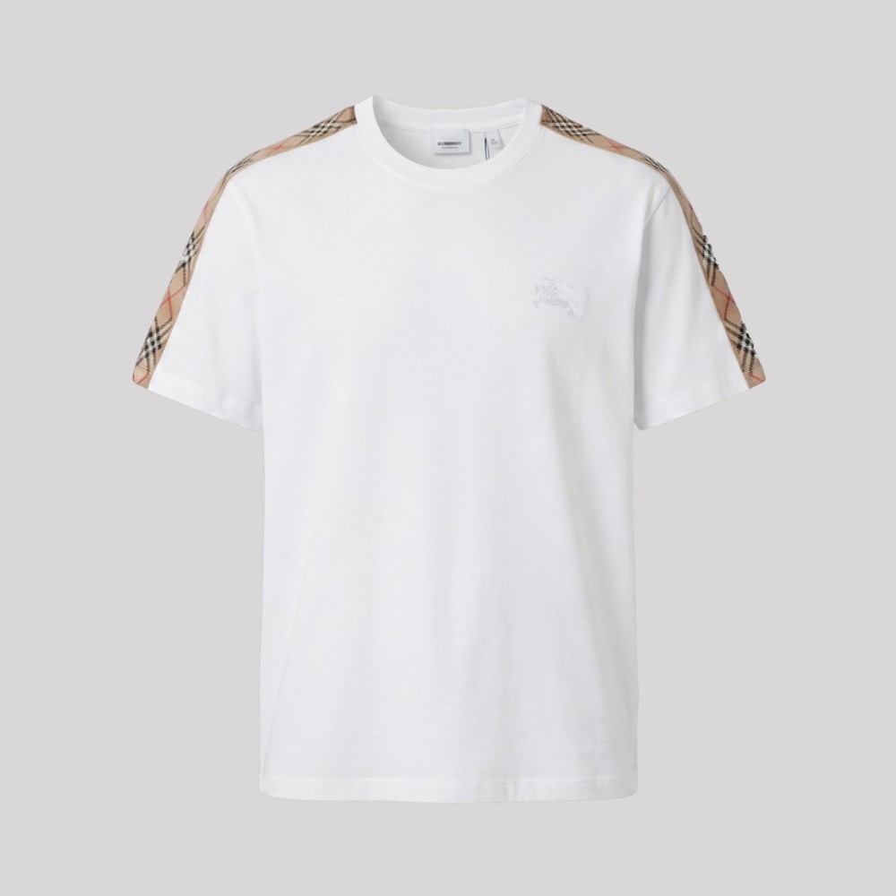 Check Trim Cotton T-Shirt Sleeves White Check Trim Cotton T-Shirt Sleeves White
