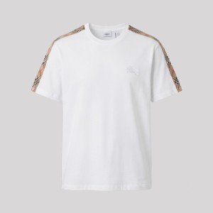 Check Trim Cotton T-Shirt Sleeves White