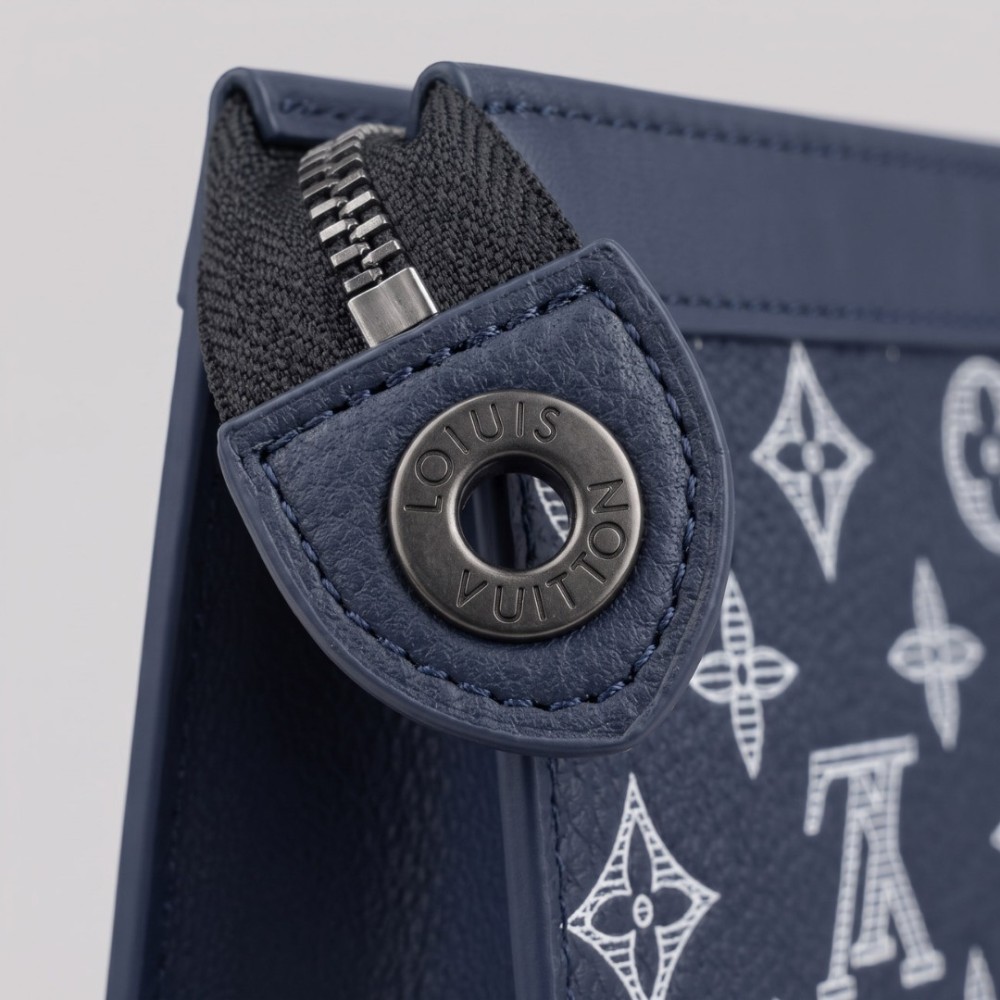 Monogram Printed Leather Pochette Navy Blue & White Monogram Printed Leather Pochette Navy Blue & White