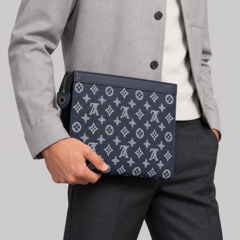 Monogram Printed Leather Pochette Navy Blue & White