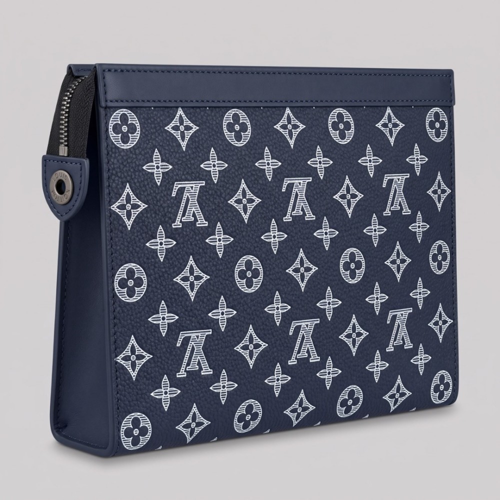 Monogram Printed Leather Pochette Navy Blue & White Monogram Printed Leather Pochette Navy Blue & White
