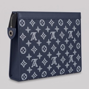 Monogram Printed Leather Pochette Navy Blue & White