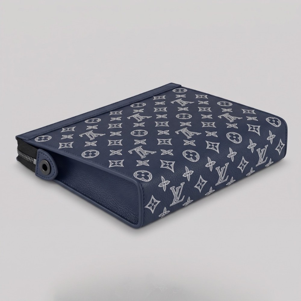 Monogram Printed Leather Pochette Navy Blue & White Monogram Printed Leather Pochette Navy Blue & White