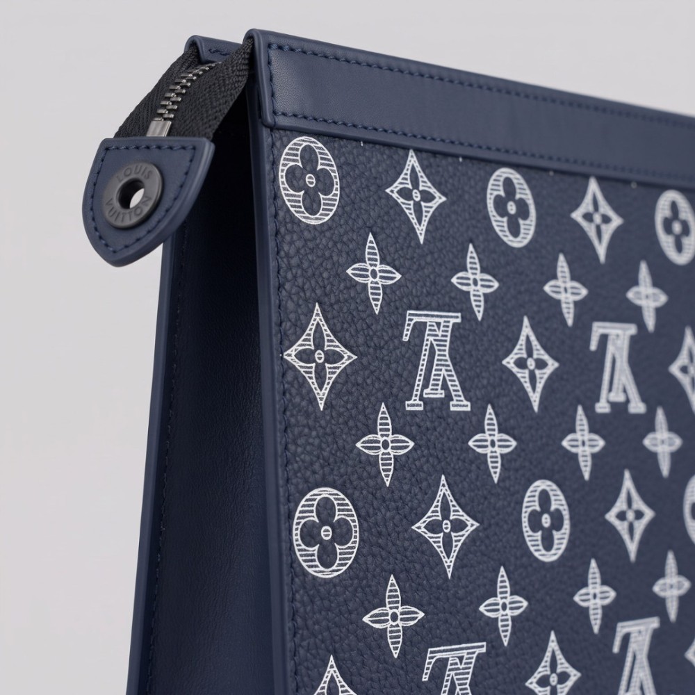 Monogram Printed Leather Pochette Navy Blue & White Monogram Printed Leather Pochette Navy Blue & White