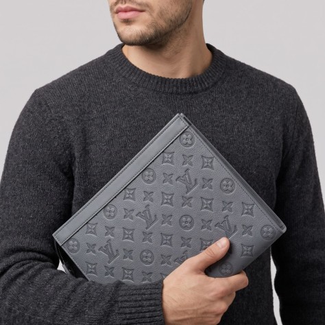 Monogram Shadow Embossed Leather Pochette Grey Monogram Shadow Embossed Leather Pochette Grey