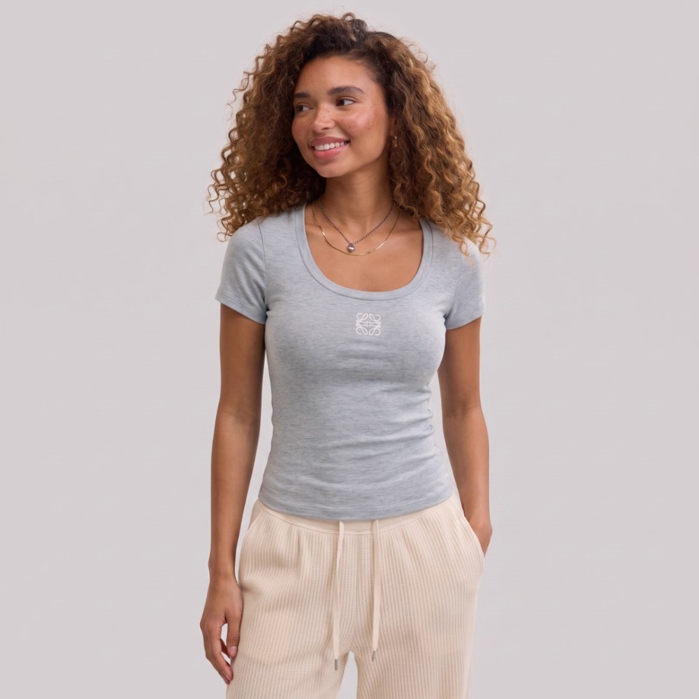 Women Anagram Embroidered Scoop-Neck T-Shirt Grey