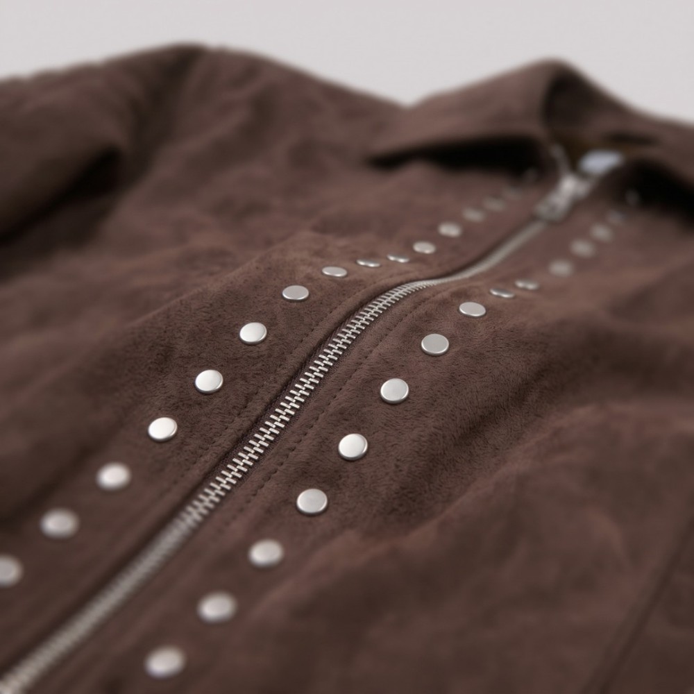 Studded Suede Bomber Jacket Dark Brown Studded Suede Bomber Jacket Dark Brown