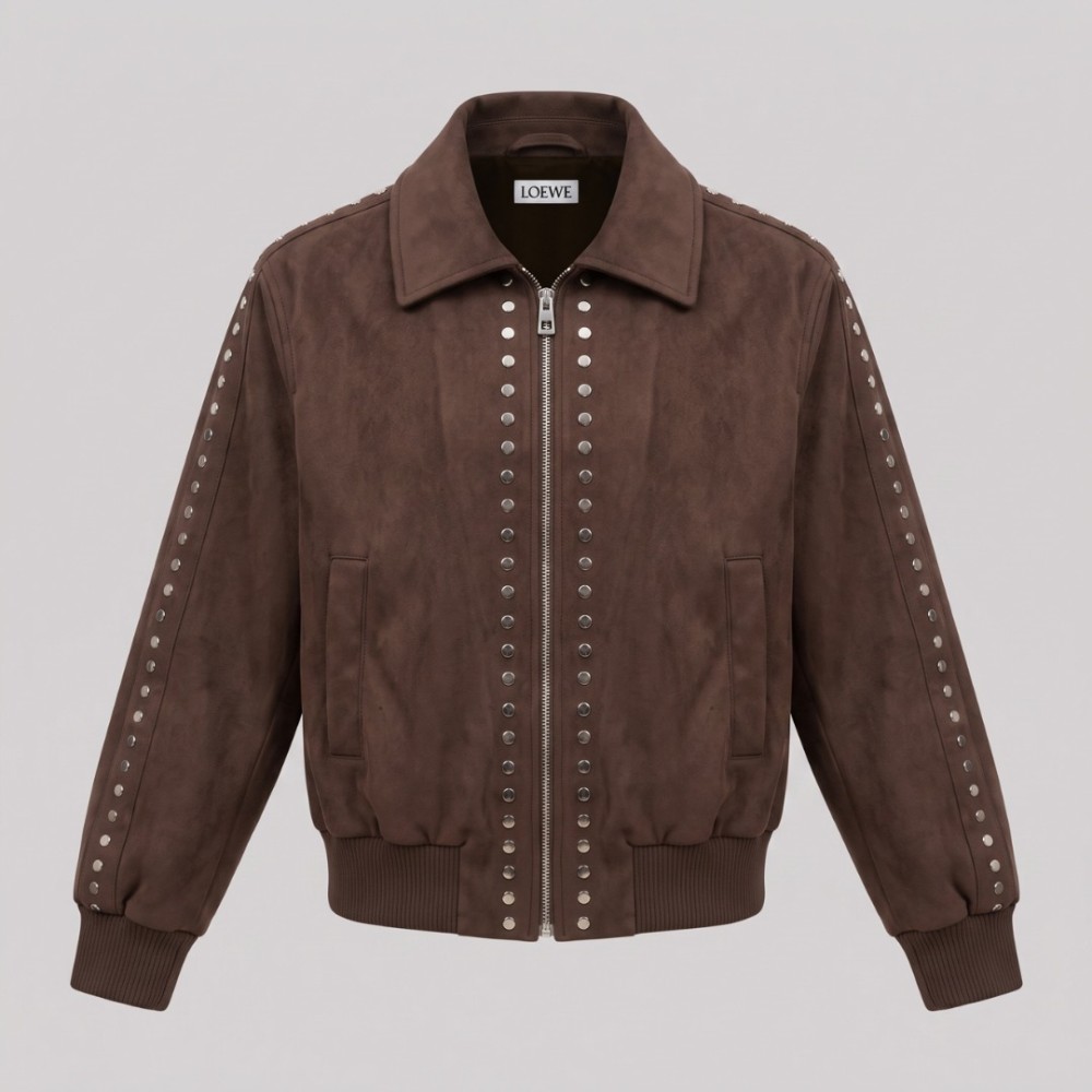 Studded Suede Bomber Jacket Dark Brown Studded Suede Bomber Jacket Dark Brown