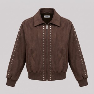 Studded Suede Bomber Jacket Dark Brown